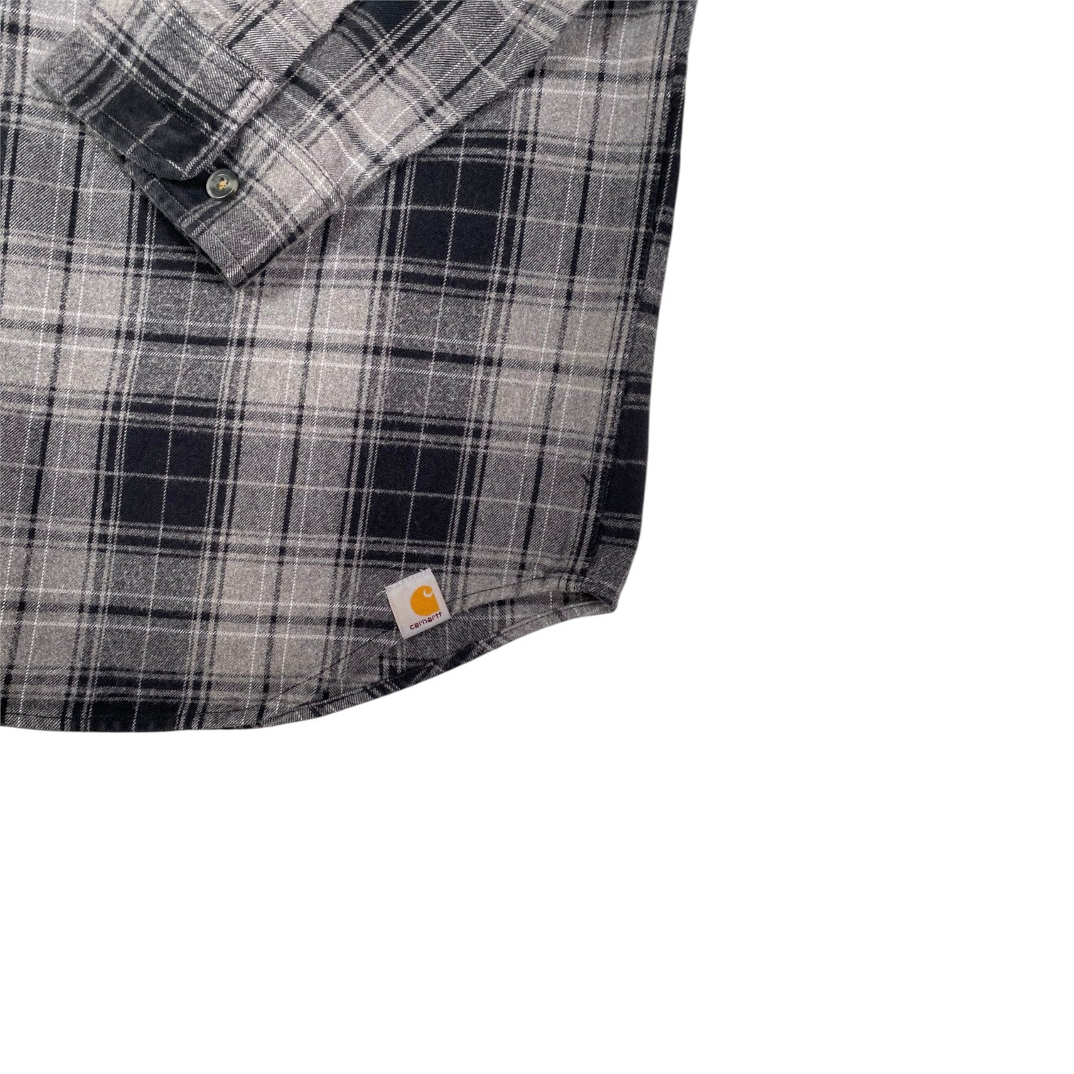 Digg It Thrift & Vintage charcoal gray plaid flannel long sleeve shirt with Carhartt logo patch on the hem