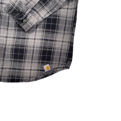 Digg It Thrift & Vintage charcoal gray plaid flannel long sleeve shirt with Carhartt logo patch on the hem