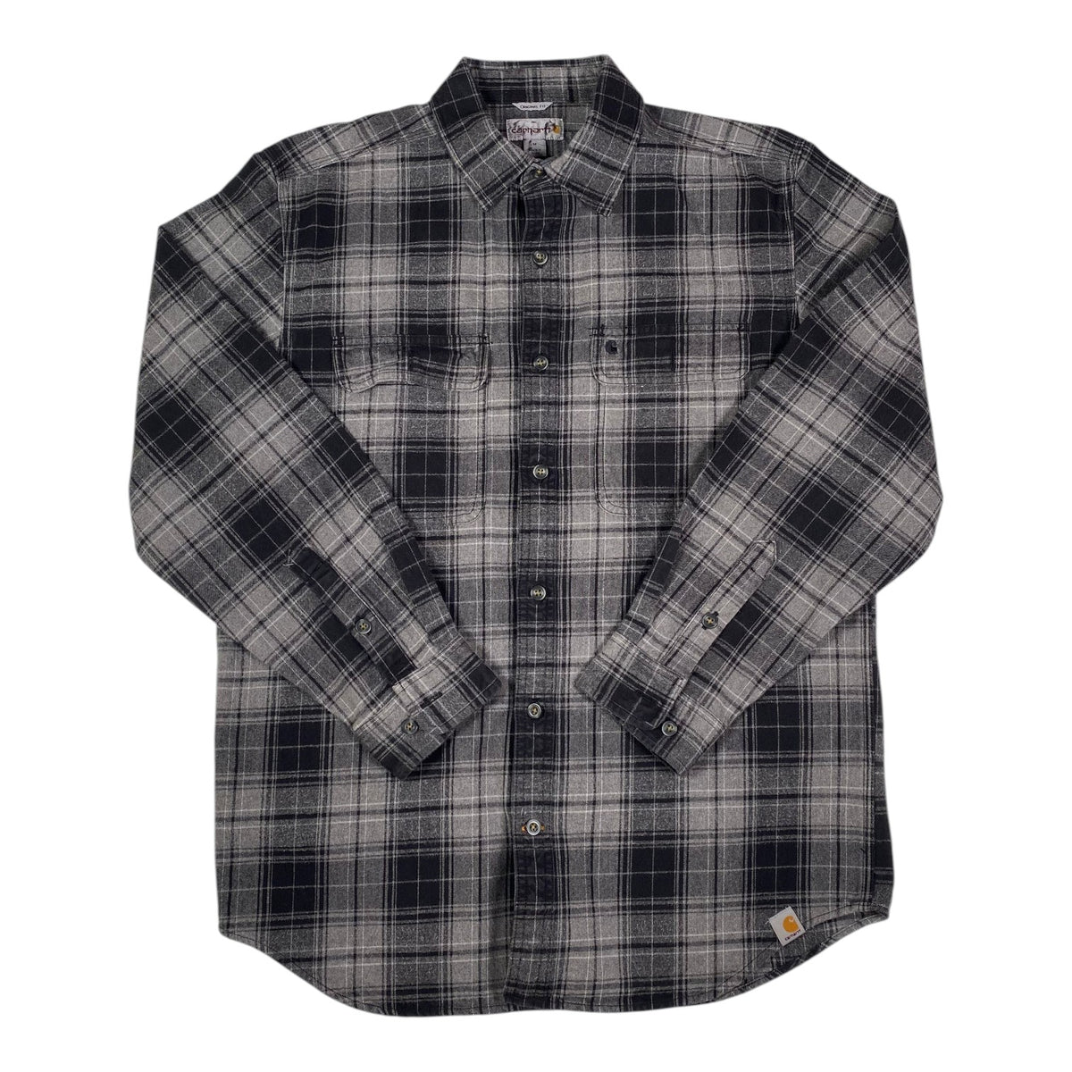 Digg It Thrift & Vintage charcoal gray and black plaid flannel long sleeve shirt with button-down front and pockets.