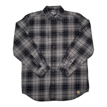 Digg It Thrift & Vintage charcoal gray and black plaid flannel long sleeve shirt with button-down front and pockets.