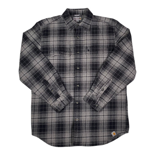Digg It Thrift & Vintage charcoal gray and black plaid flannel long sleeve shirt with button-down front and pockets.