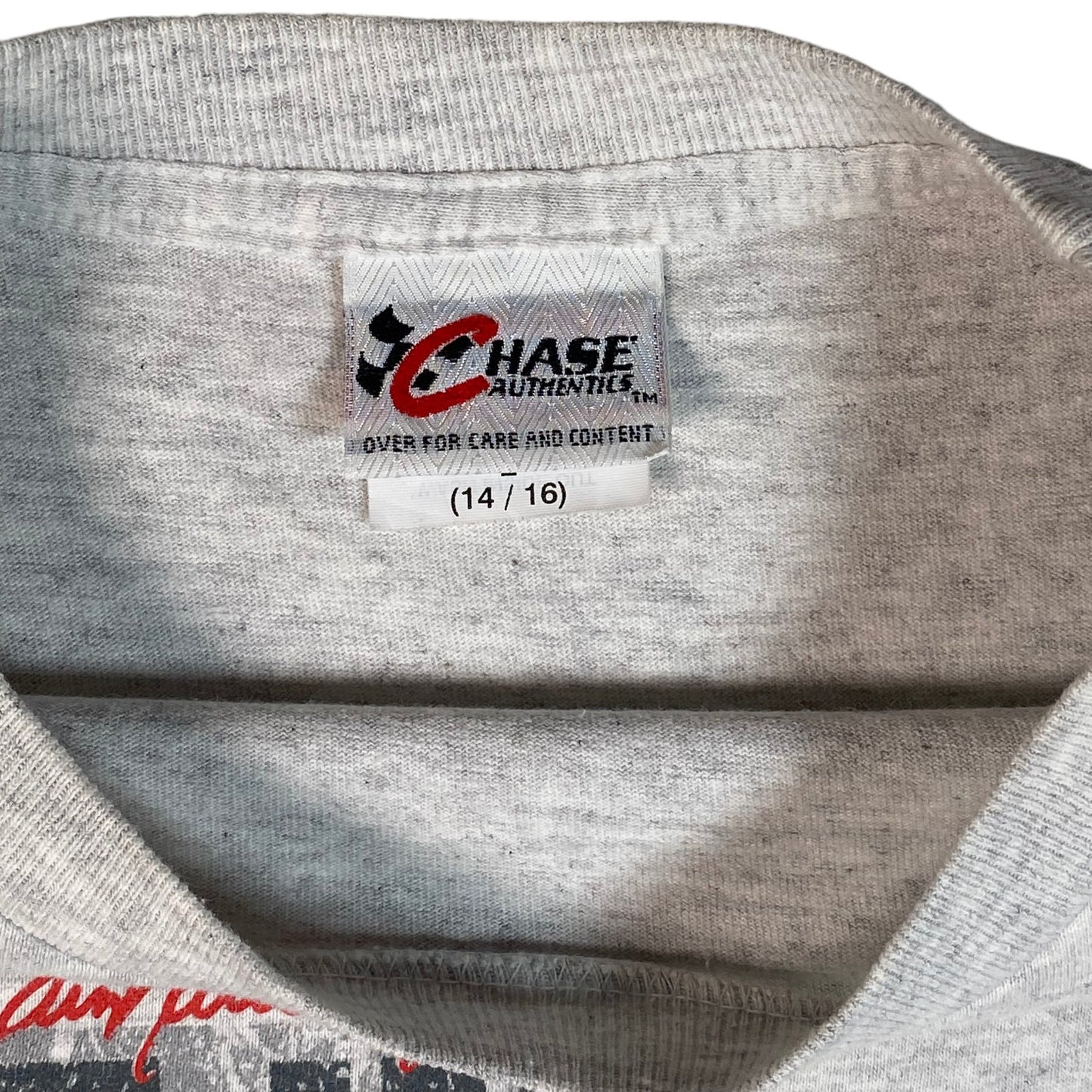 Digg It Thrift & Vintage Chase Authentics heather grey t-shirt neck label showing size 14/16