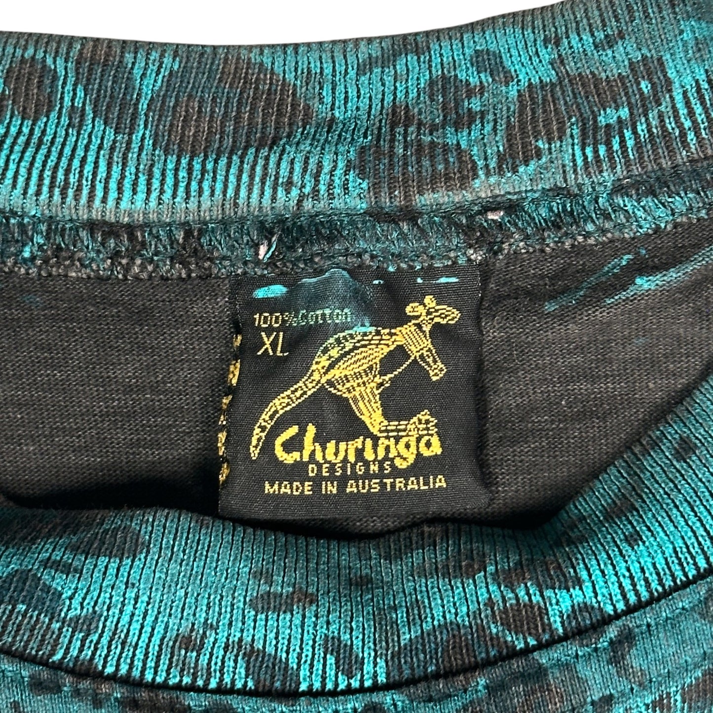 Digg It Thrift & Vintage Churinga Designs 100% cotton t-shirt label with kangaroo logo and XL size tag