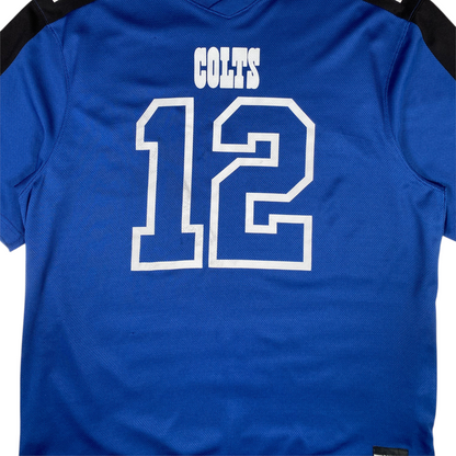 Digg It Thrift & Vintage blue Indianapolis Colts Andrew Luck jersey with white number 12 and black shoulder panels