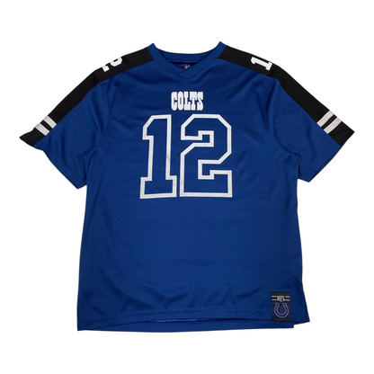 Digg It Thrift & Vintage blue Indianapolis Colts Andrew Luck jersey with white number 12 and black shoulder stripes