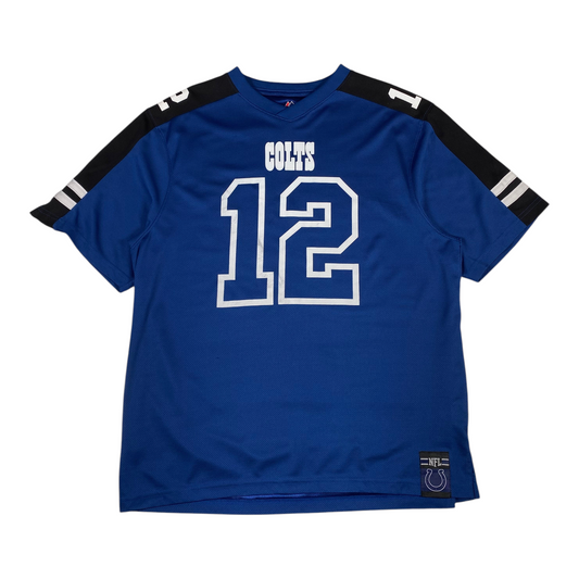 Digg It Thrift & Vintage blue Indianapolis Colts Andrew Luck jersey with white number 12 and black shoulder stripes