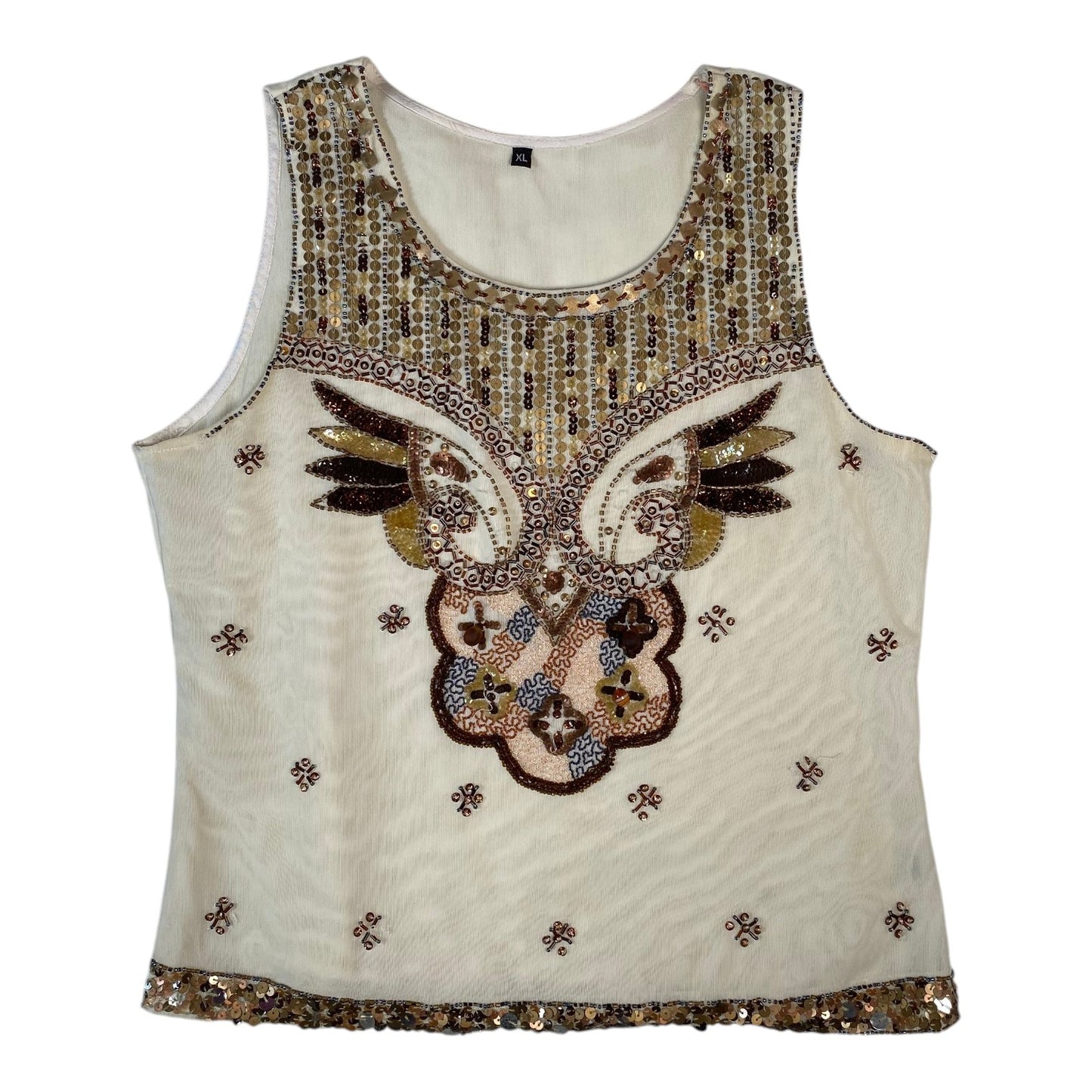 Digg It Thrift & Vintage cream mesh tank top with intricate gold sequin and beaded wing-inspired embellishments
