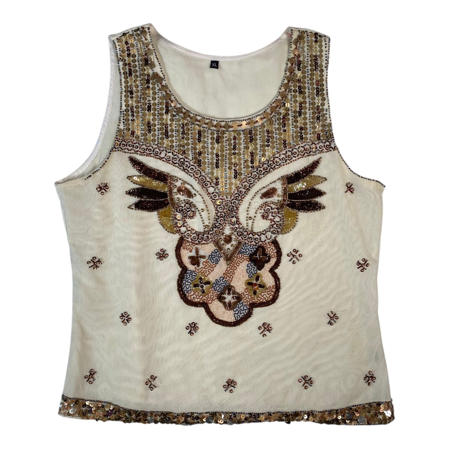 Digg It Thrift & Vintage cream mesh tank top with intricate gold sequin and beaded wing-inspired embellishments