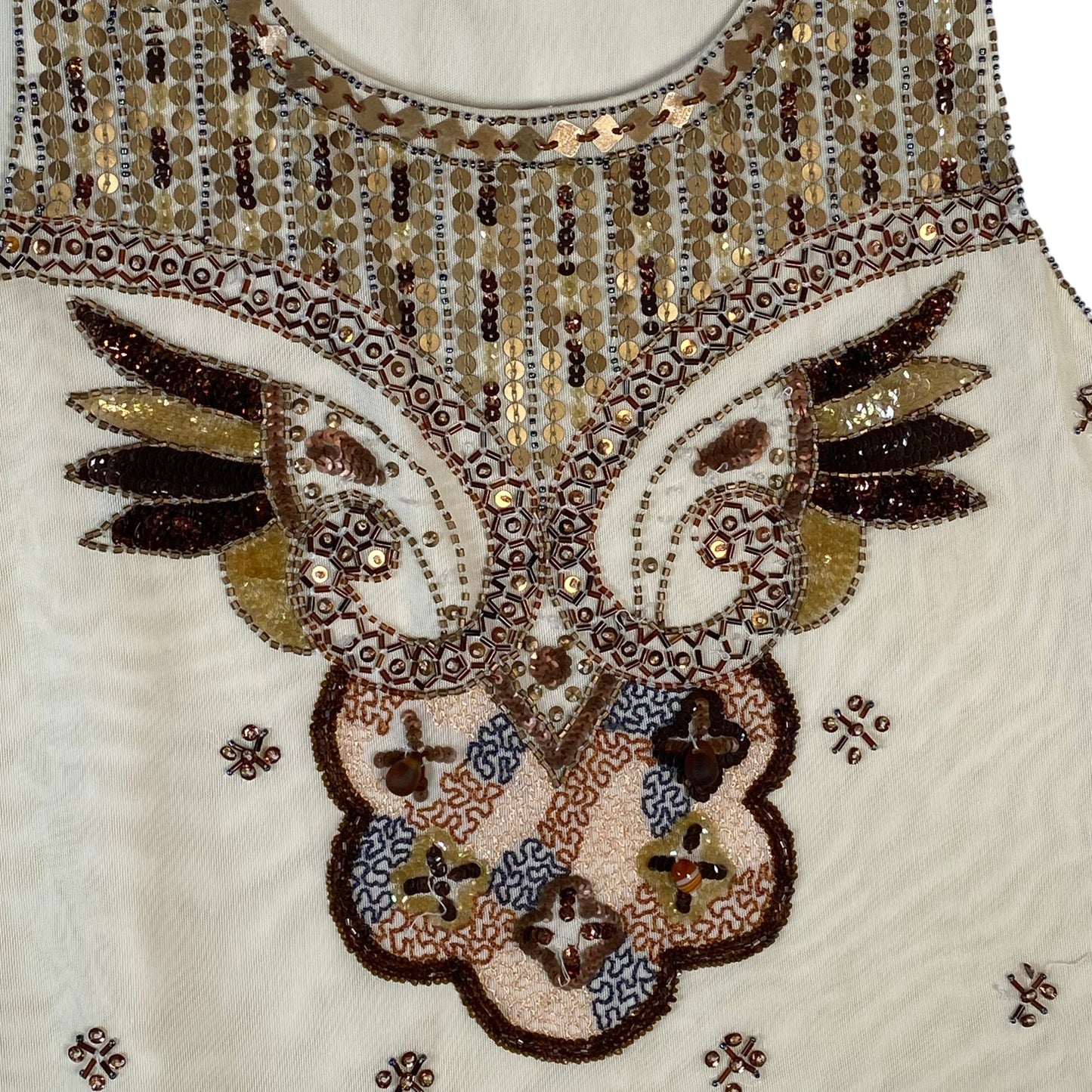 Digg It Thrift & Vintage cream mesh tank top featuring intricate gold and brown sequin and bead owl embroidery.