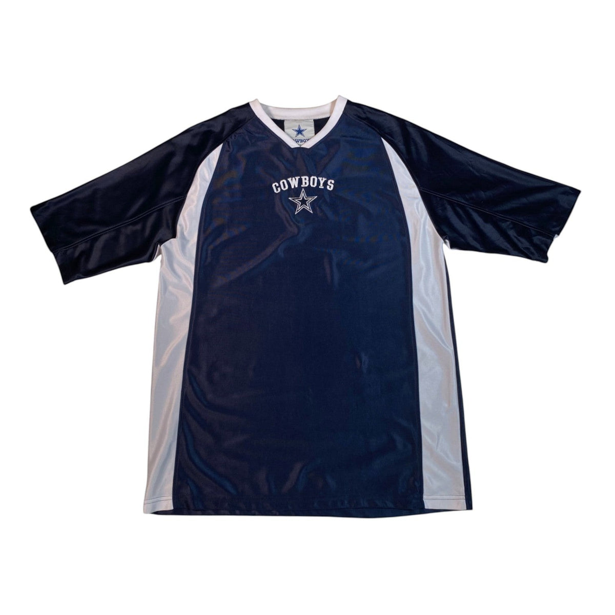 Digg It Thrift & Vintage navy blue and white Dallas Cowboys NFL jersey with embroidered star logo and v-neck collar