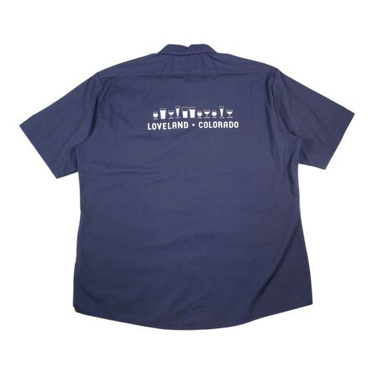 Digg It Thrift & Vintage dark charcoal Dickies work shirt with Loveland Aleworks beer glass graphic on back
