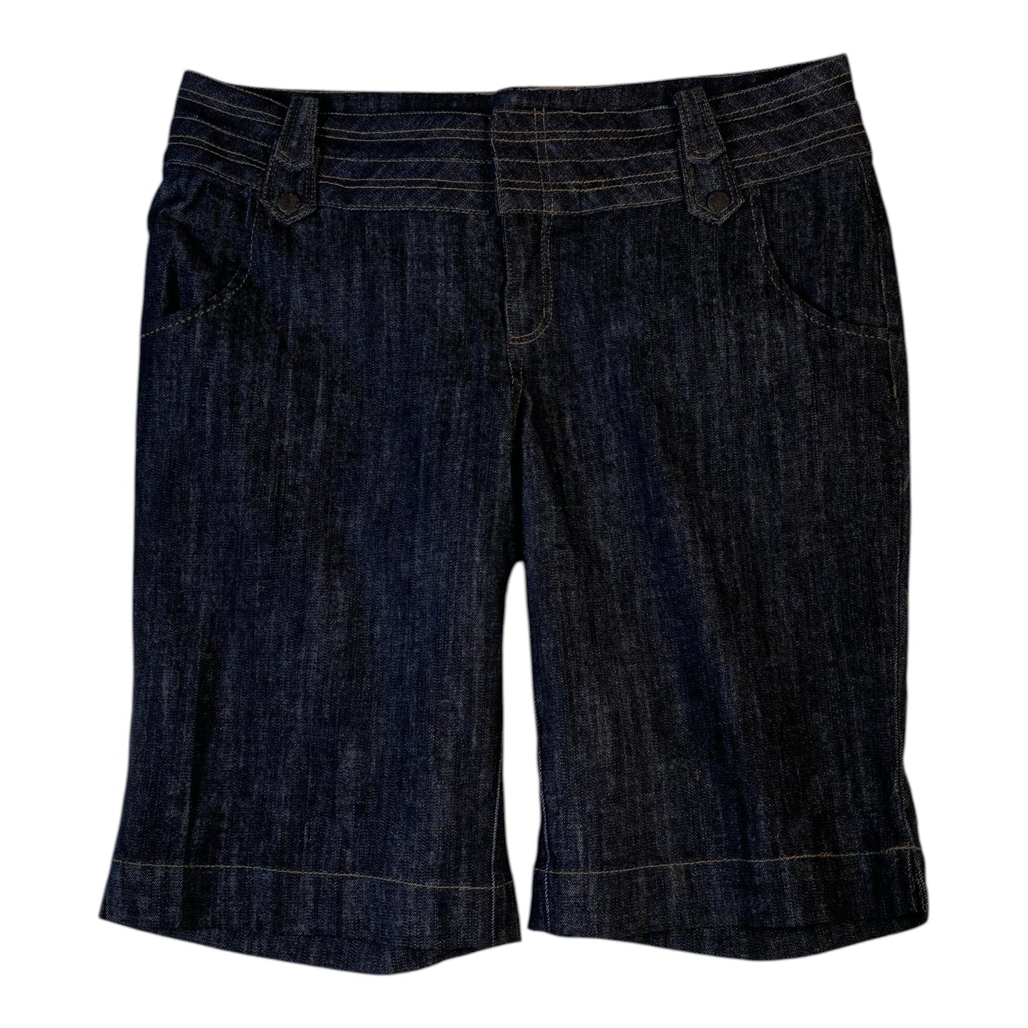 Digg It Thrift & Vintage dark wash denim shorts with a mid-rise waist and stitched waistband detail.