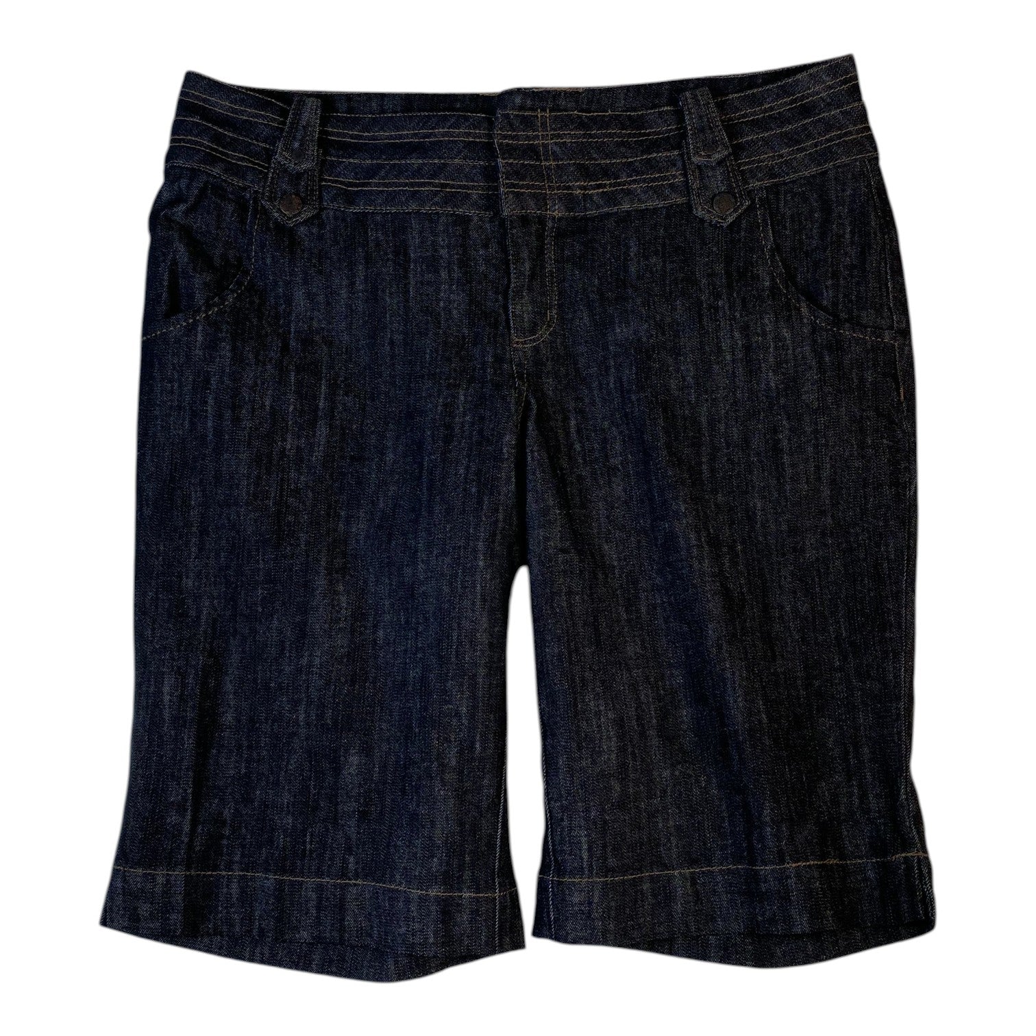 Digg It Thrift & Vintage dark wash denim shorts with a mid-rise waist and stitched waistband detail.
