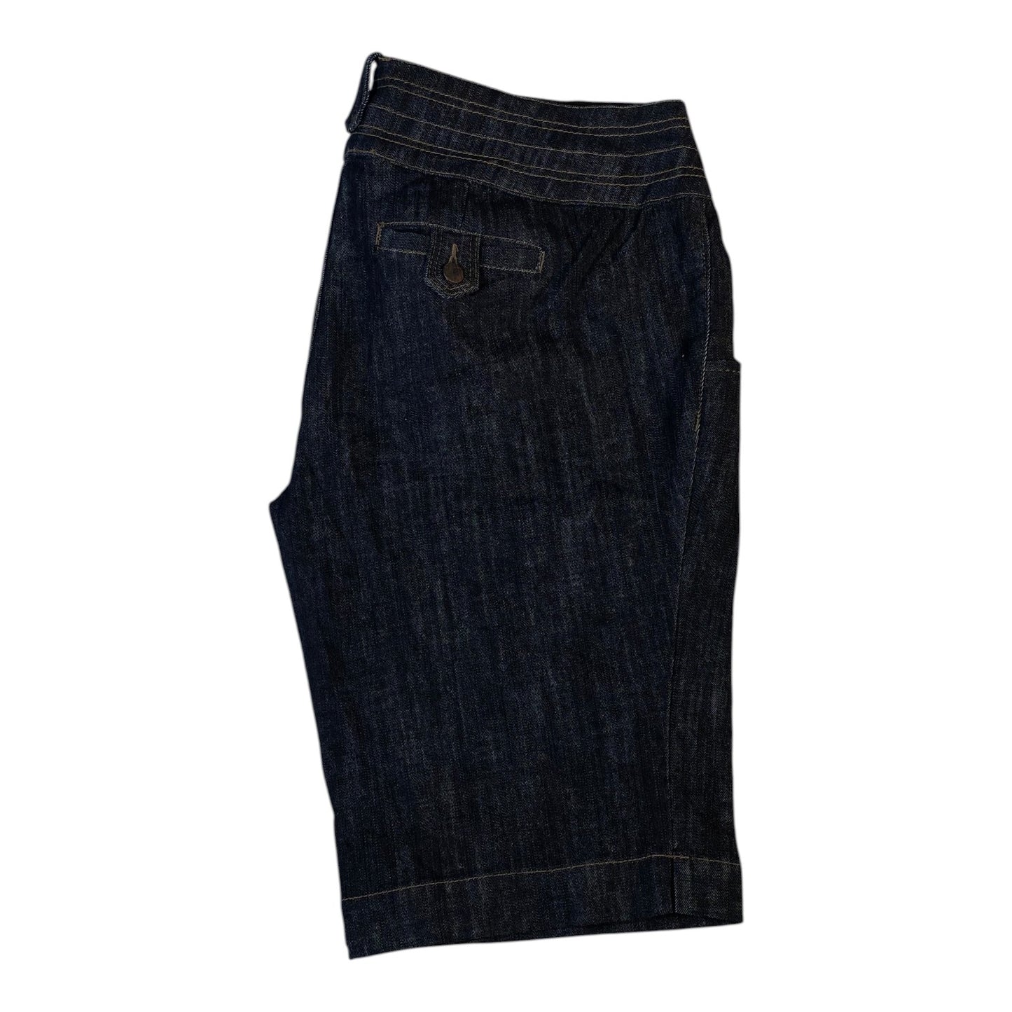 Digg It Thrift & Vintage dark wash denim shorts with a buttoned back pocket and stitched waistband detail.