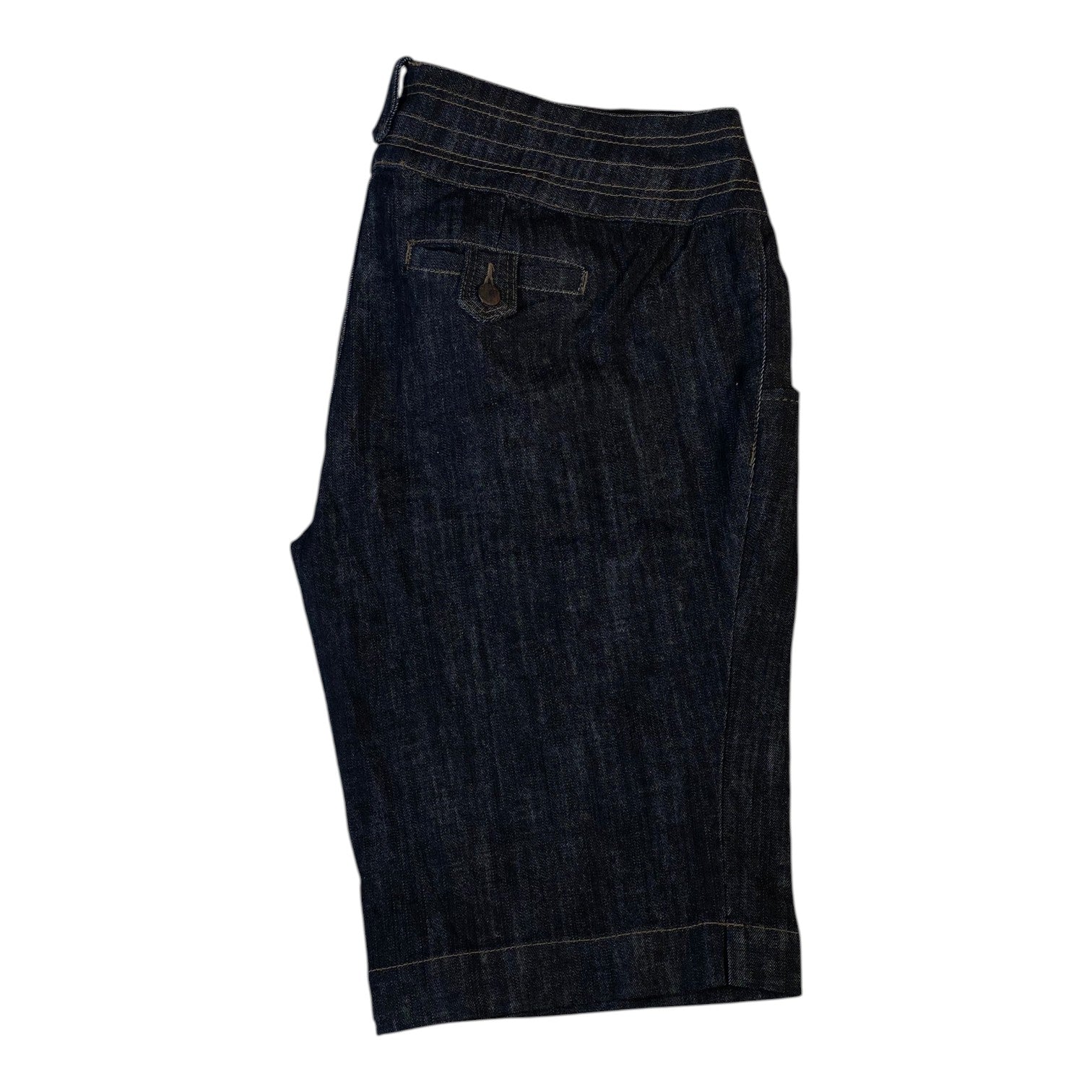 Digg It Thrift & Vintage dark wash denim shorts with a buttoned back pocket and stitched waistband detail.