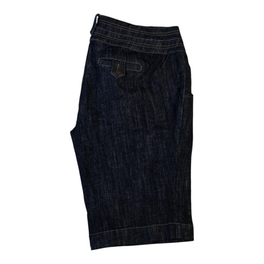 Digg It Thrift & Vintage dark wash denim shorts with a buttoned back pocket and stitched waistband detail.