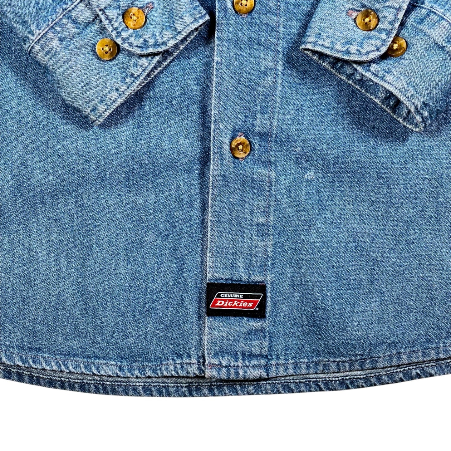 Digg It Thrift & Vintage blue denim long sleeve button down shirt with brown buttons and Dickies brand label