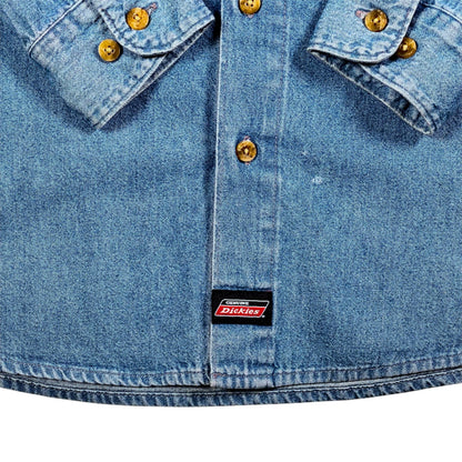 Digg It Thrift & Vintage blue denim long sleeve button down shirt with brown buttons and Dickies brand label