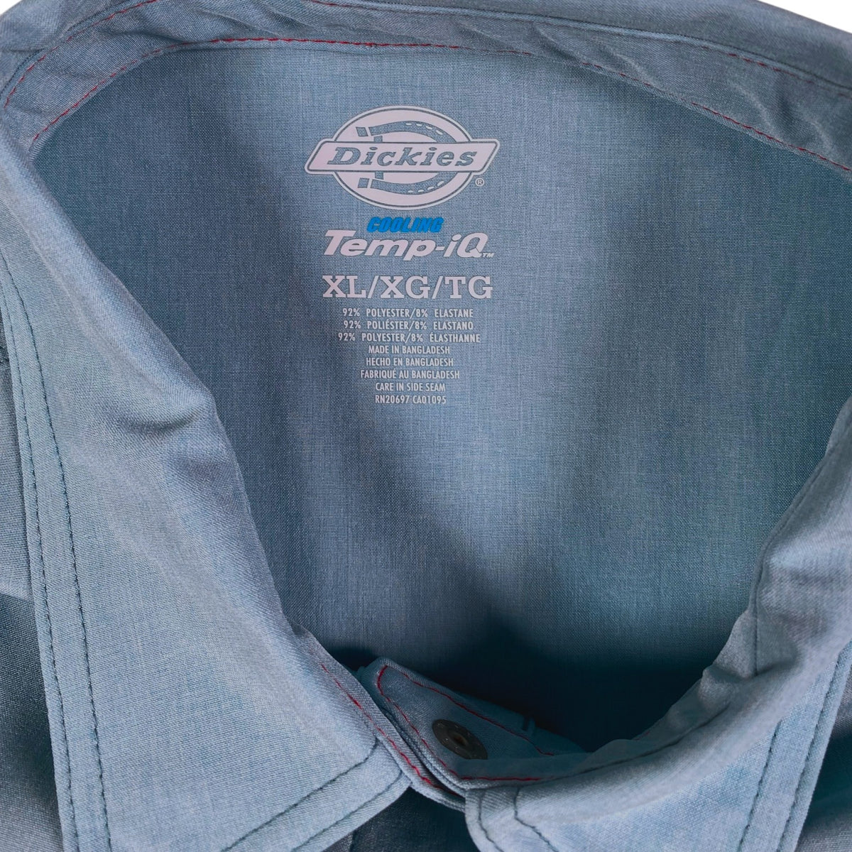 Digg It Thrift & Vintage light blue Dickies Temp-iQ cooling performance work shirt label, size XL
