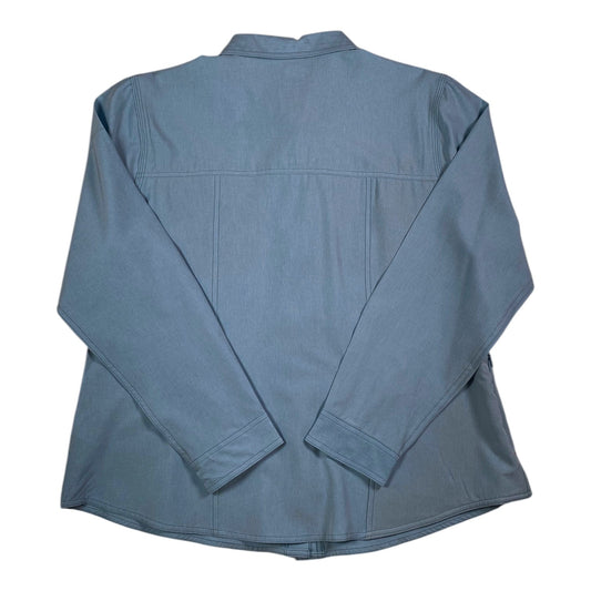 Back view of a light blue Dickies Temp-iQ cooling long sleeve performance work shirt from Digg It Thrift & Vintage.