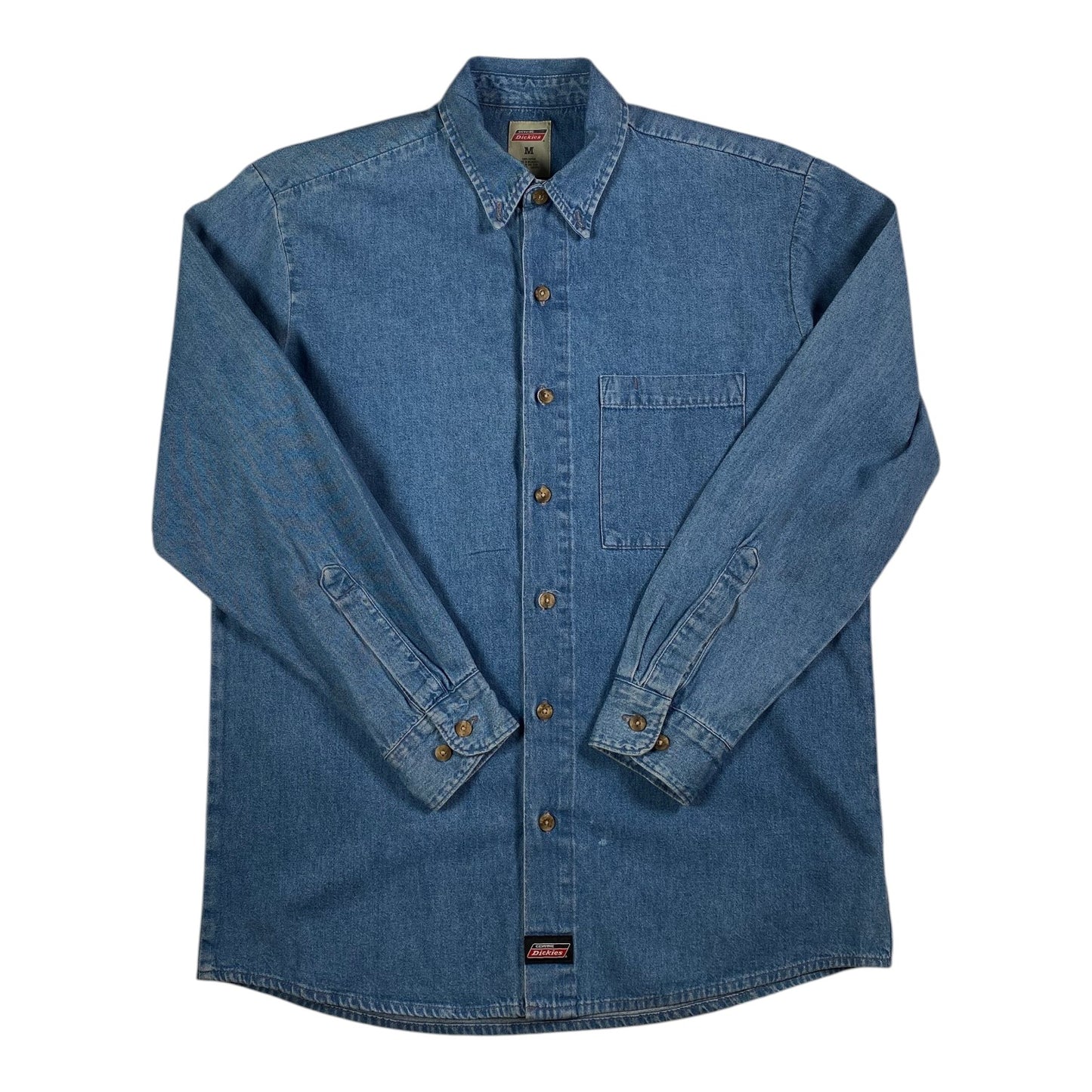Digg It Thrift & Vintage Dickies blue denim long sleeve button down shirt with a chest pocket and collar