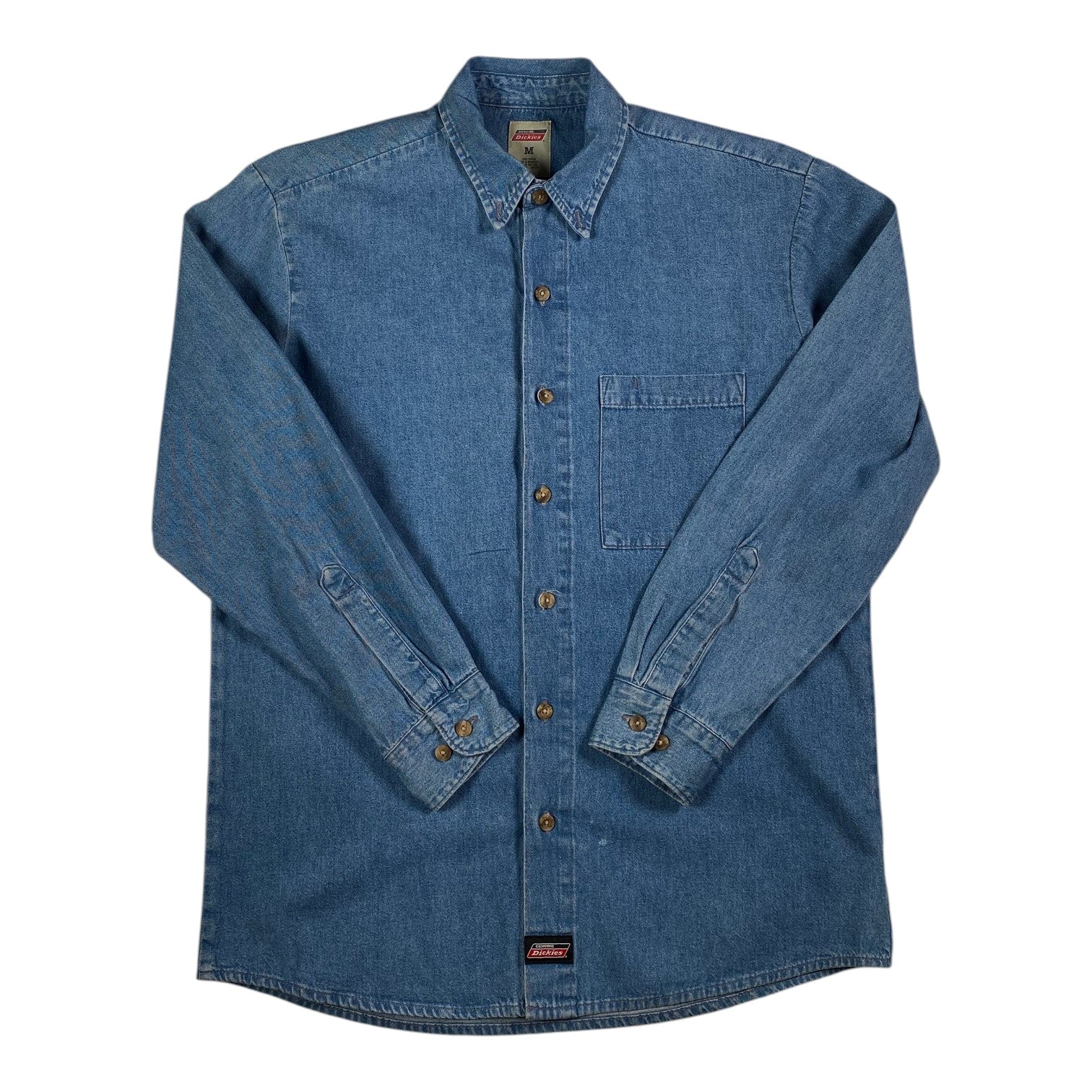 Digg It Thrift & Vintage Dickies blue denim long sleeve button down shirt with a chest pocket and collar