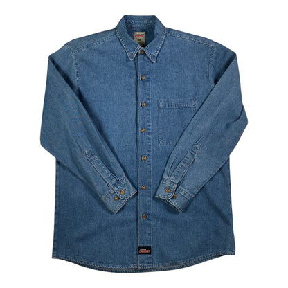 Digg It Thrift & Vintage Dickies blue denim long sleeve button down shirt with a chest pocket and collar