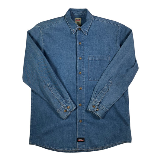 Digg It Thrift & Vintage Dickies blue denim long sleeve button down shirt with a chest pocket and collar