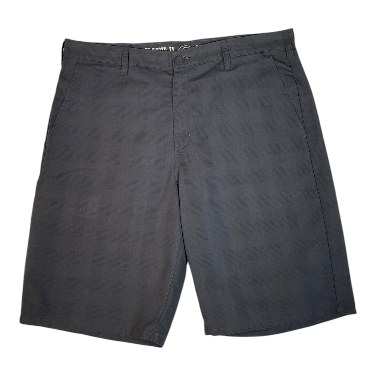 Digg It Thrift & Vintage Dickies charcoal grey shadow plaid textured utility work shorts with a button closure.