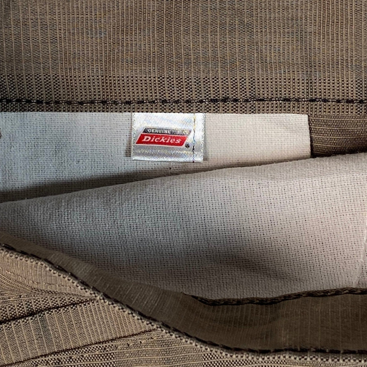 Digg It Thrift & Vintage Dickies khaki shadow plaid longline shorts interior tag detail