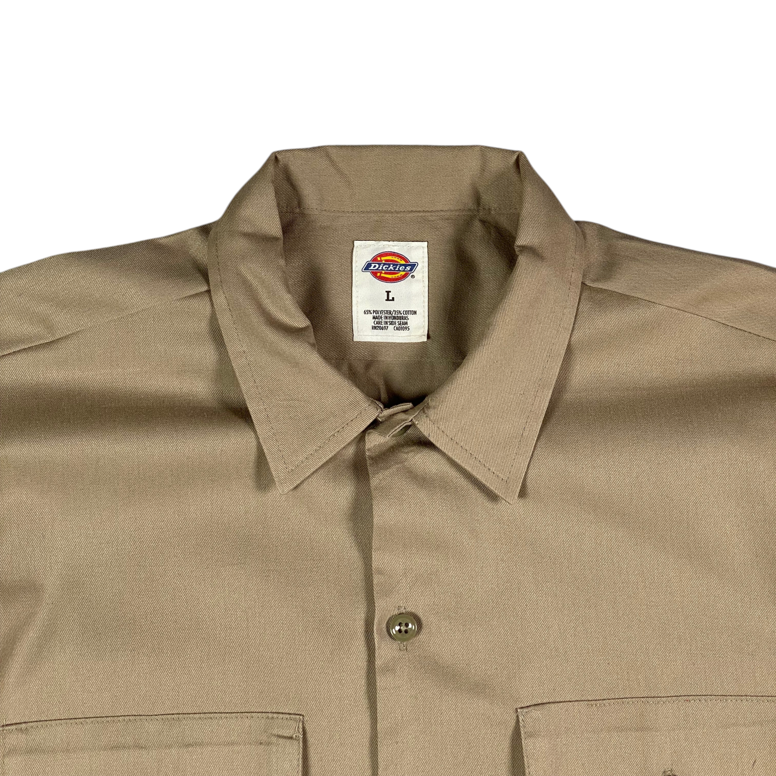 Digg It Thrift & Vintage Dickies desert sand khaki short sleeve work shirt with a classic collar and button front