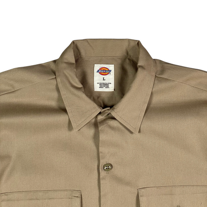 Digg It Thrift & Vintage Dickies desert sand khaki short sleeve work shirt with a classic collar and button front