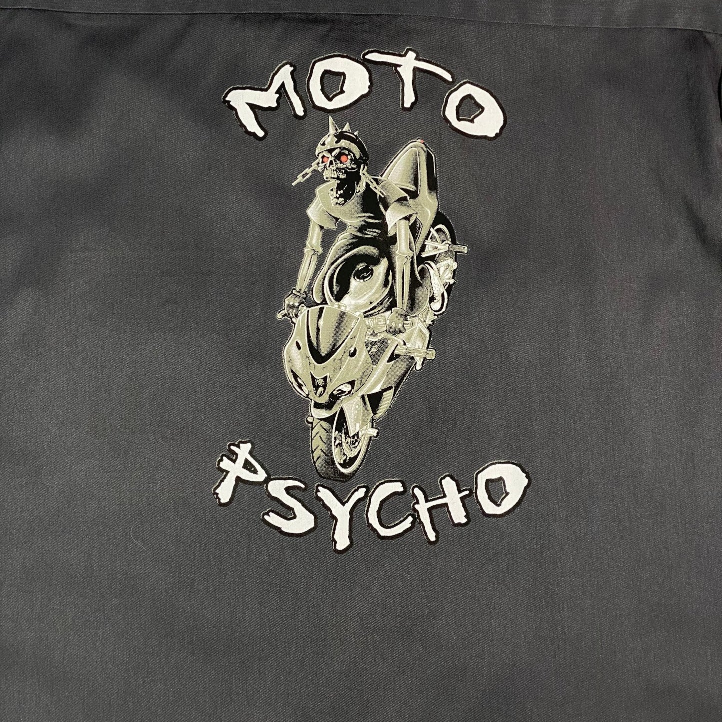 Digg It Thrift & Vintage grey Dickies work shirt featuring a Moto Psycho Laughlin River Run 2011 graphic on the back.
