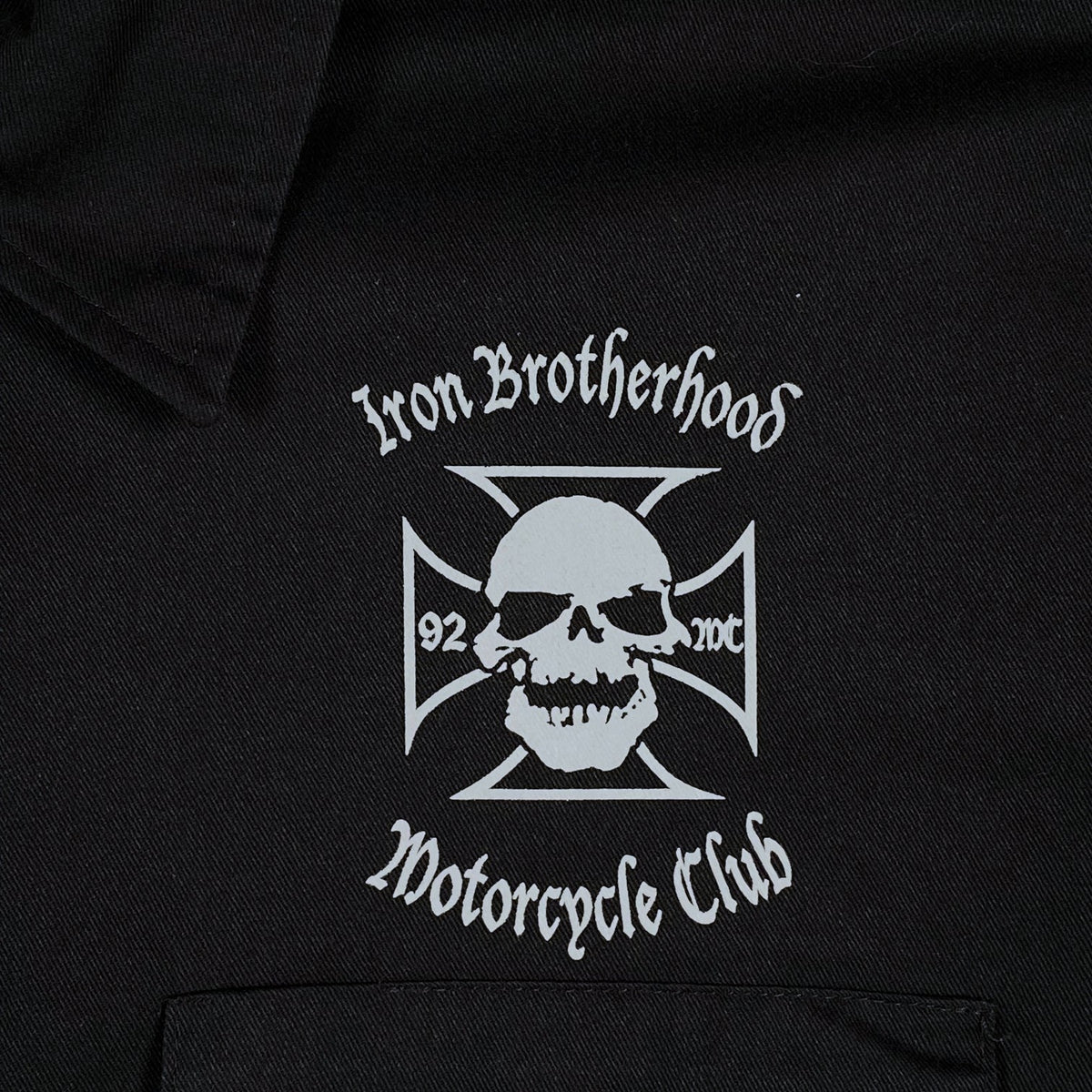 Digg It Thrift & Vintage black Dickies work shirt featuring an Iron Brotherhood Motorcycle Club skull logo print
