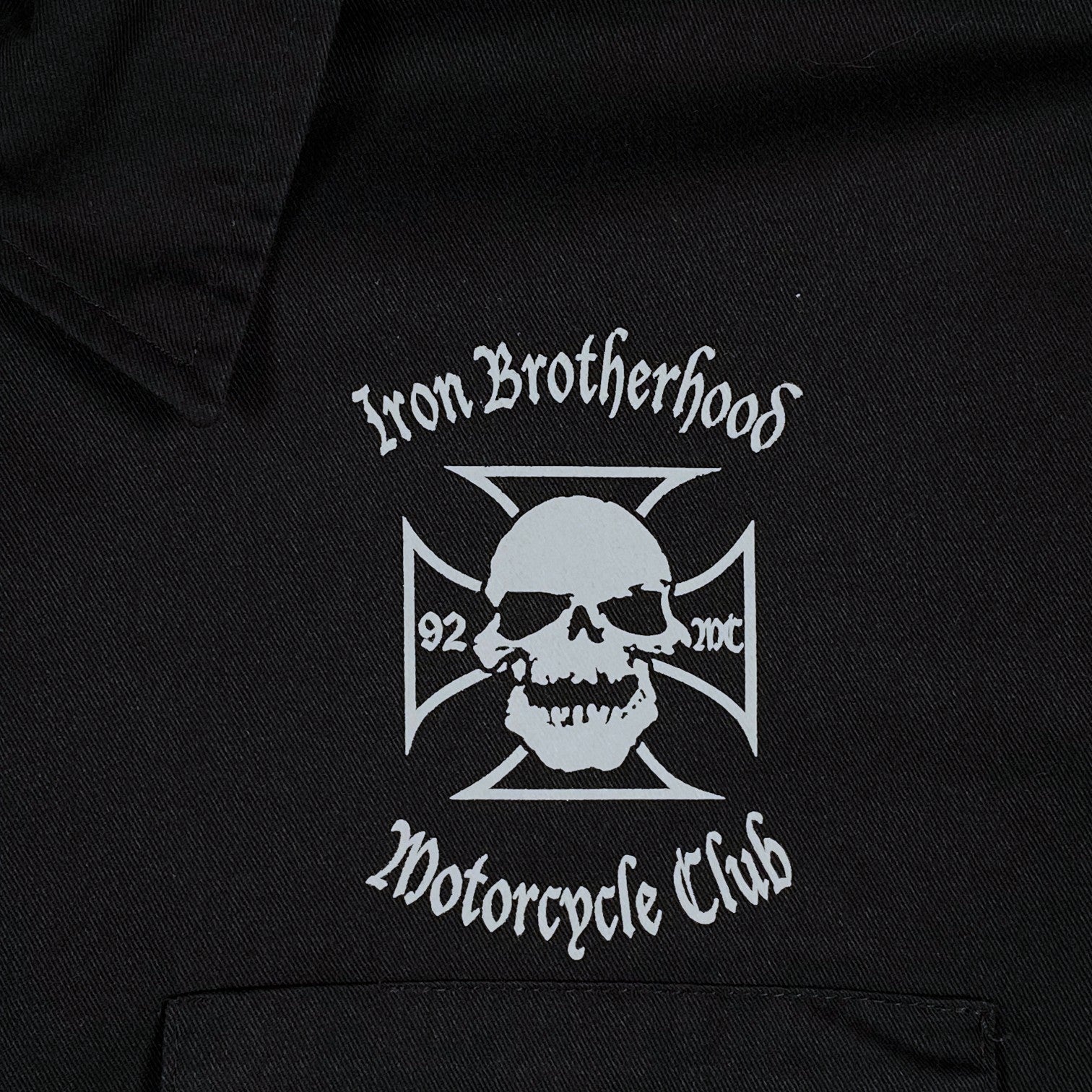 Digg It Thrift & Vintage black Dickies work shirt featuring an Iron Brotherhood Motorcycle Club skull logo print