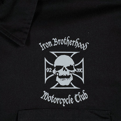 Digg It Thrift & Vintage black Dickies work shirt featuring an Iron Brotherhood Motorcycle Club skull logo print