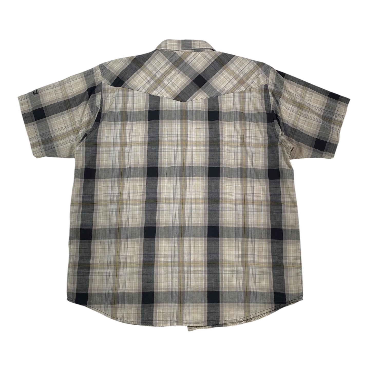 Back view of a Digg It Thrift & Vintage Dickies plaid short sleeve western snap work shirt in beige and black.