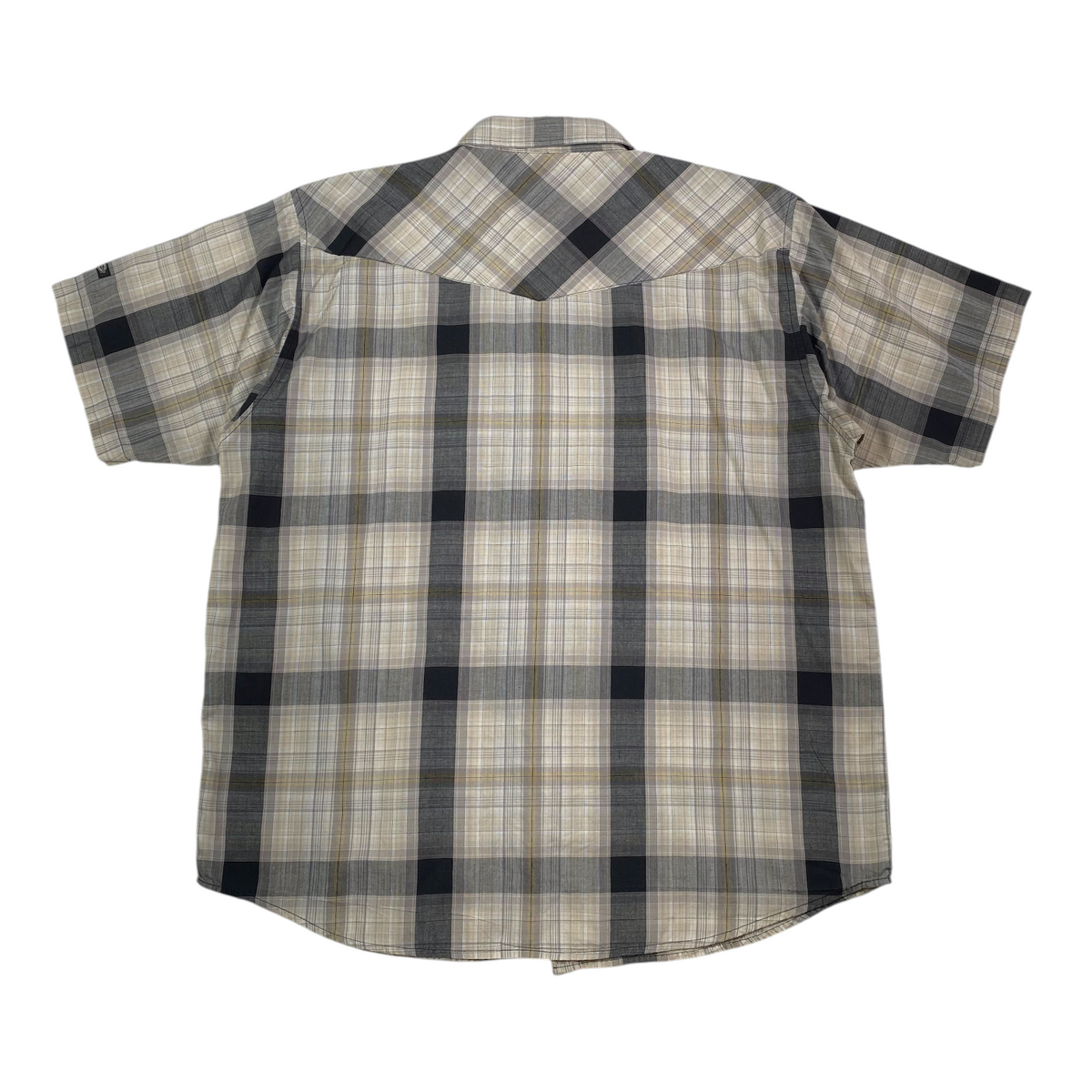 Back view of a Digg It Thrift & Vintage Dickies plaid short sleeve western snap work shirt in beige and black.