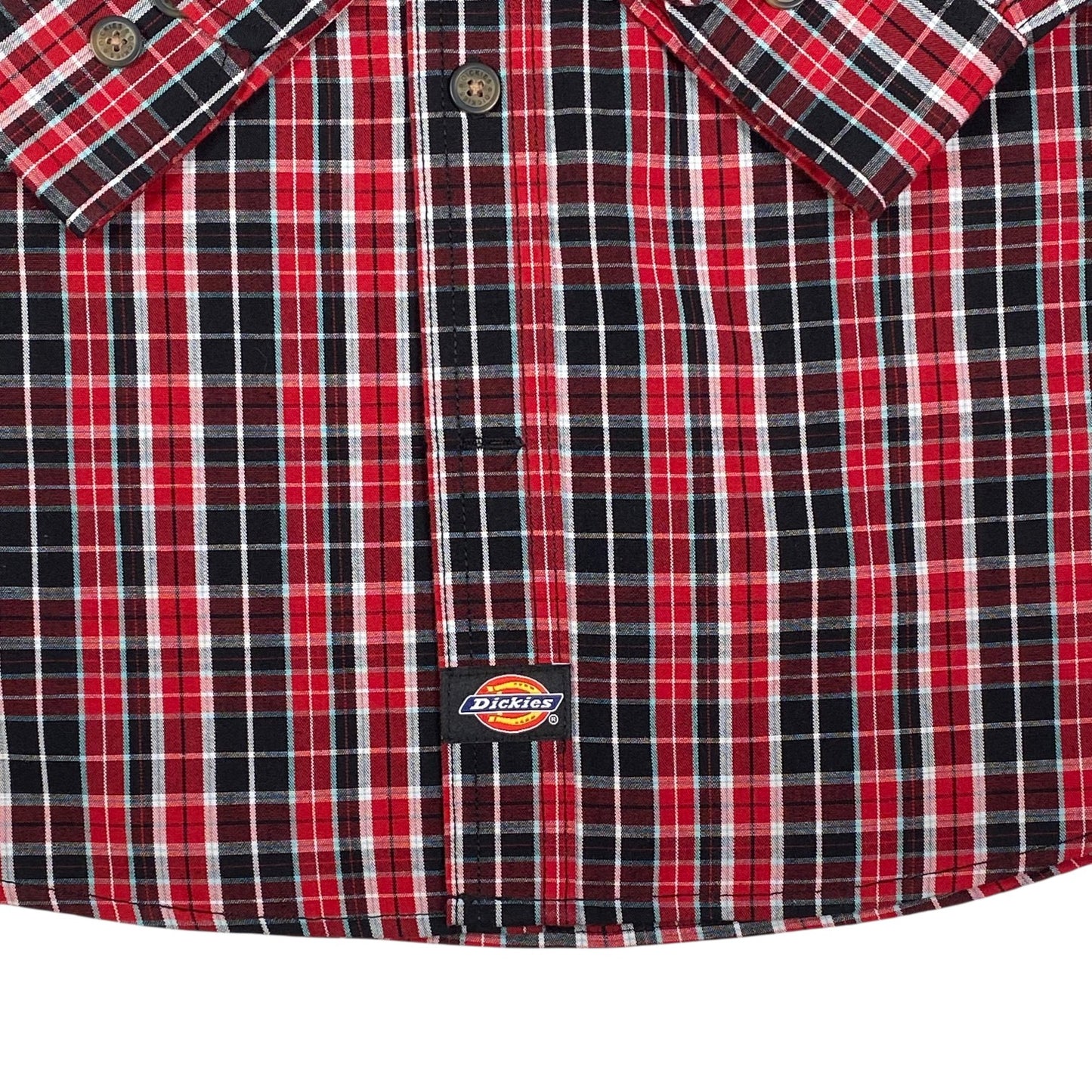 Digg It Thrift & Vintage Dickies red and black plaid long sleeve button-up work shirt with front logo patch