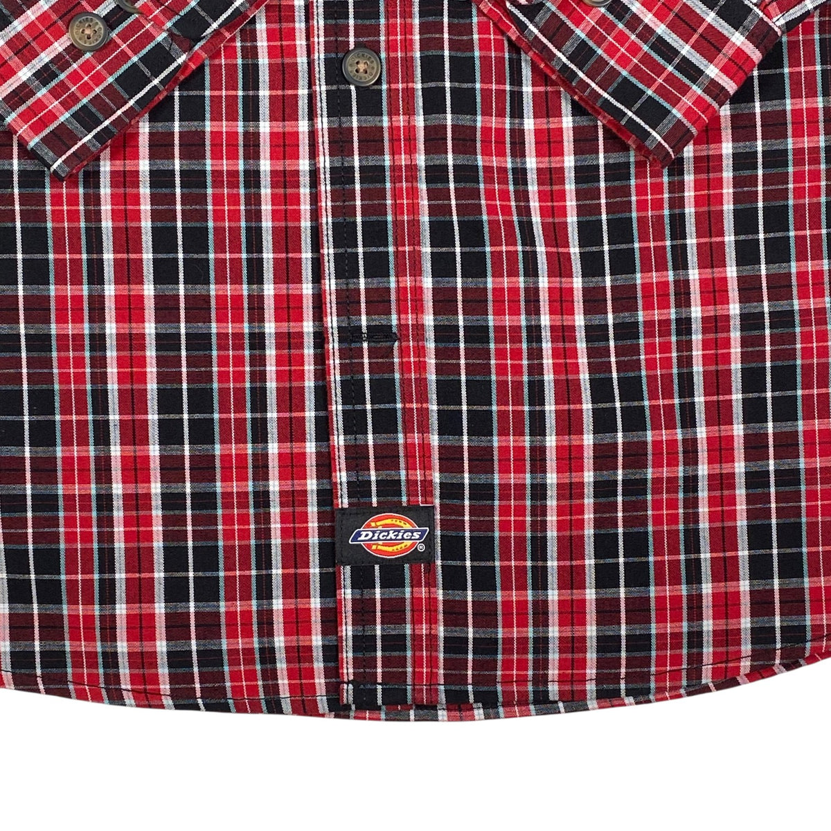 Digg It Thrift & Vintage Dickies red and black plaid long sleeve button-up work shirt with front logo patch