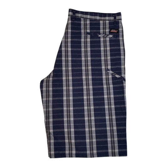 Digg It Thrift & Vintage Dickies navy and grey plaid longline shorts with back pocket logo