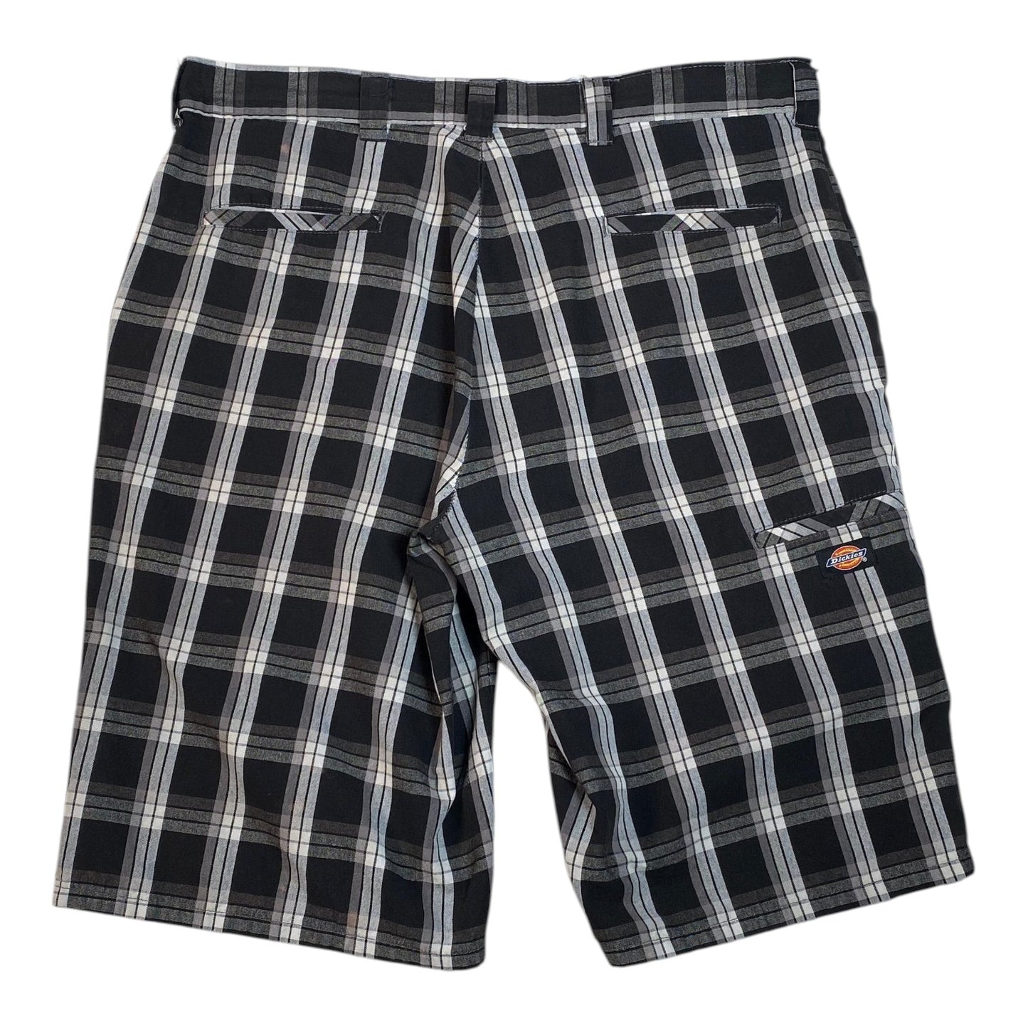 Digg It Thrift & Vintage Dickies black and white plaid shorts with back pockets and logo patch