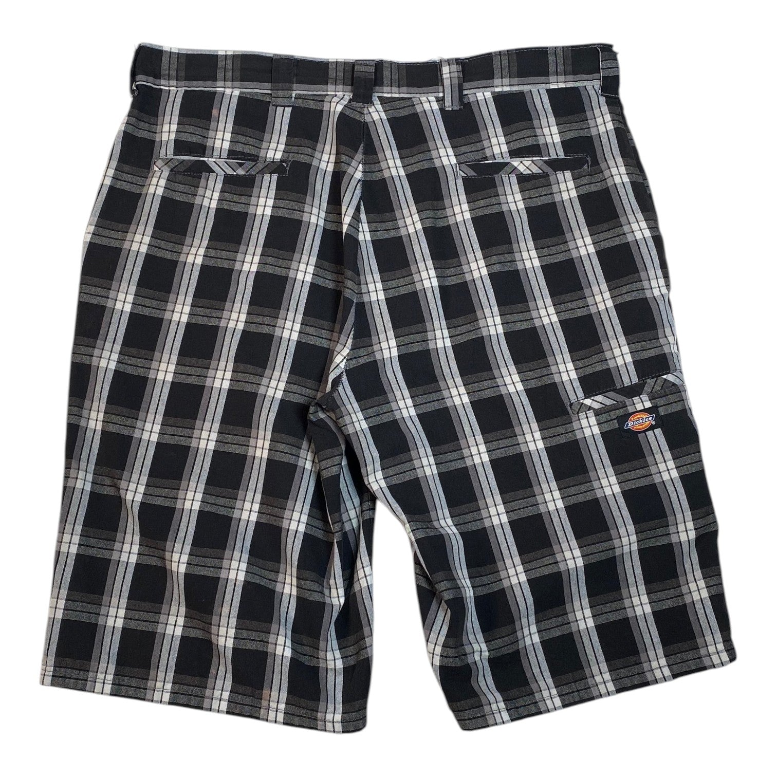 Digg It Thrift & Vintage Dickies black and white plaid shorts with back pockets and logo patch