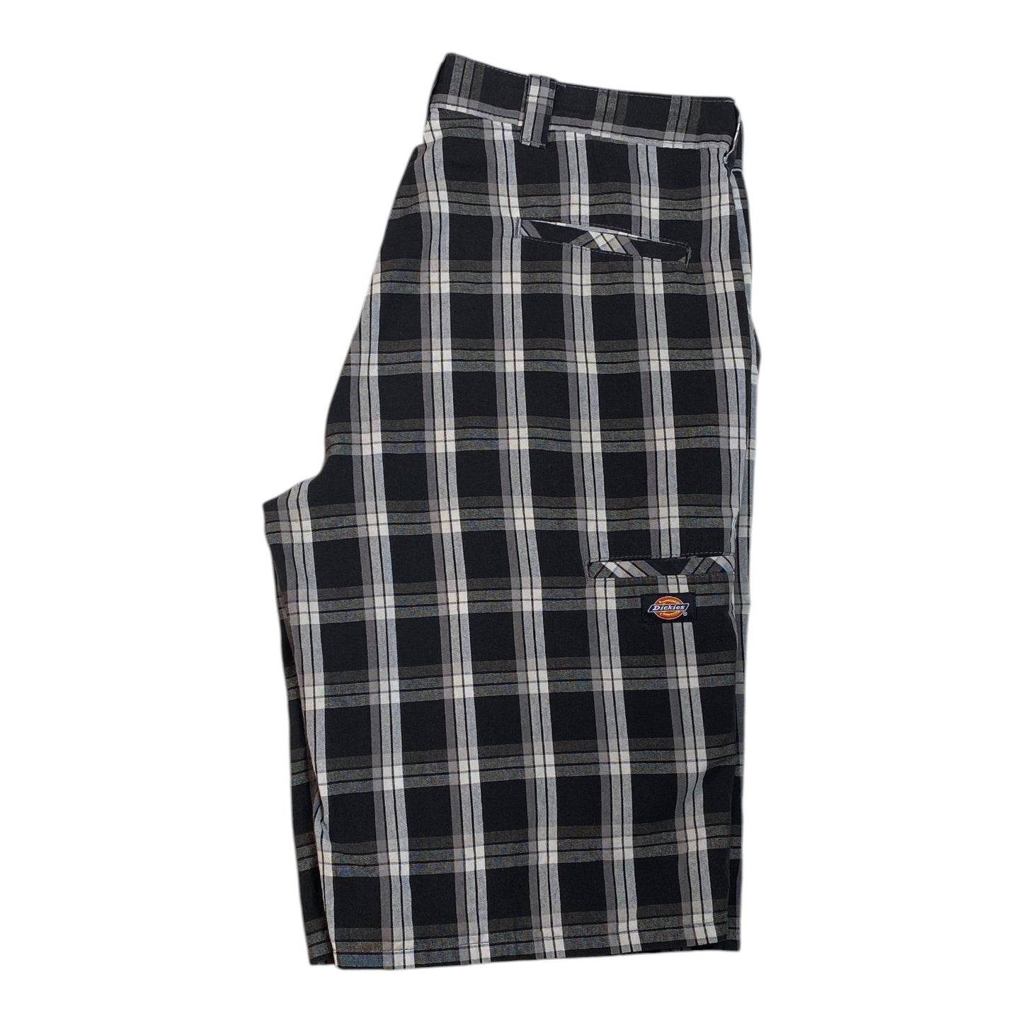 Digg It Thrift & Vintage Dickies black and white plaid shorts with a side pocket and logo patch, size 38