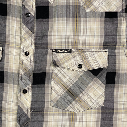 Digg It Thrift & Vintage Dickies plaid short sleeve western snap work shirt in grey, black, and white