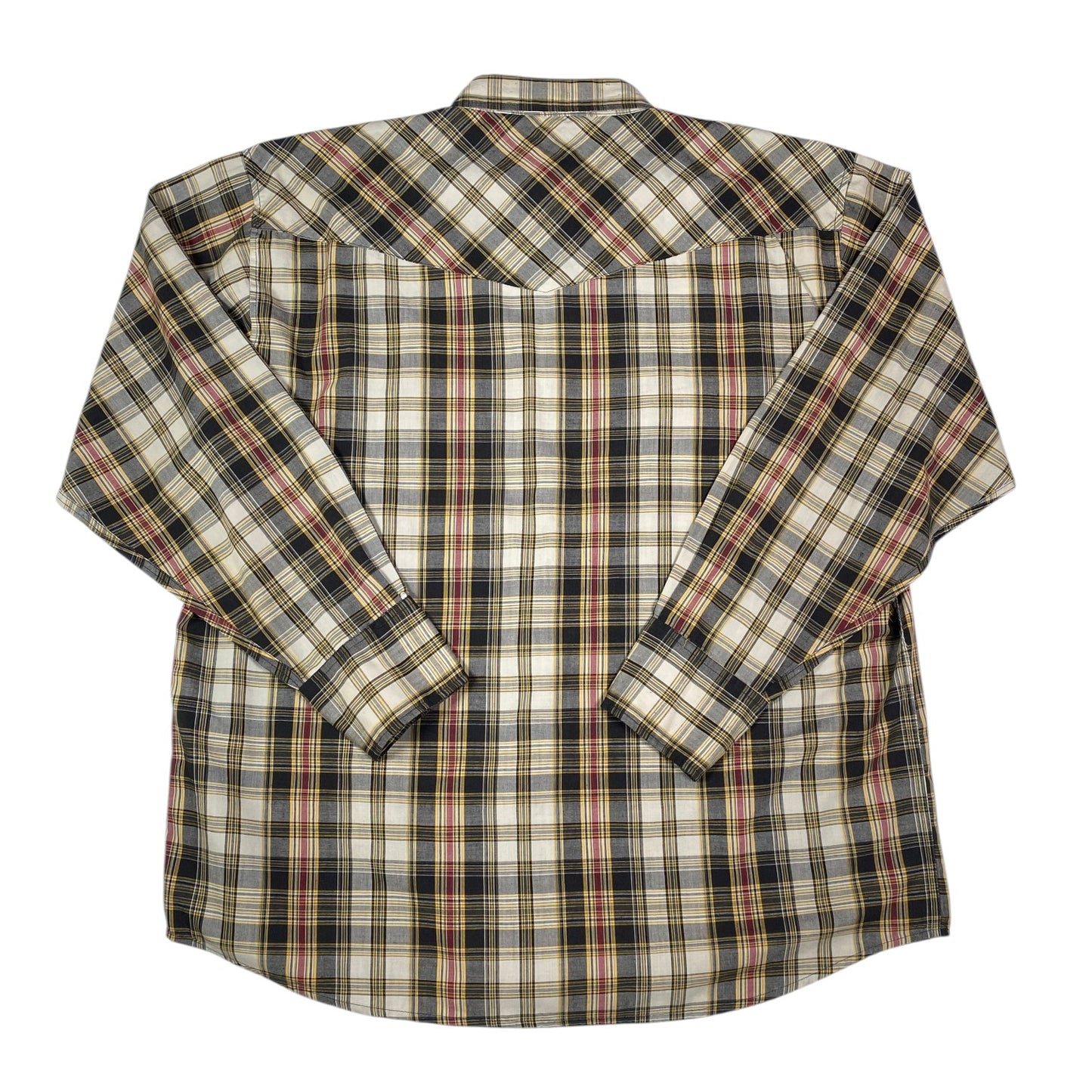 Digg It Thrift & Vintage Dickies western plaid long sleeve shirt with pearl snap buttons in beige, black, and red.
