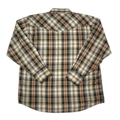Digg It Thrift & Vintage Dickies western plaid long sleeve shirt with pearl snap buttons in beige, black, and red.
