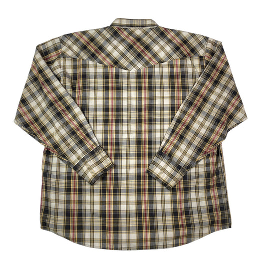 Digg It Thrift & Vintage Dickies western plaid long sleeve shirt with pearl snap buttons in beige, black, and red.