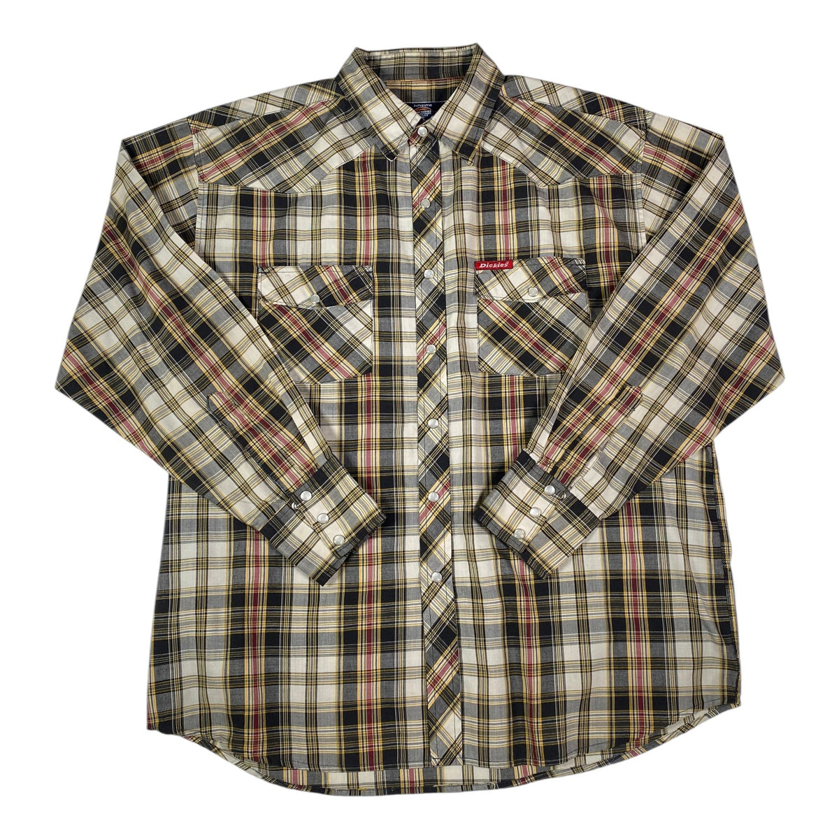 Digg It Thrift & Vintage Dickies western plaid long sleeve shirt with pearl snap buttons in beige, black, and red.