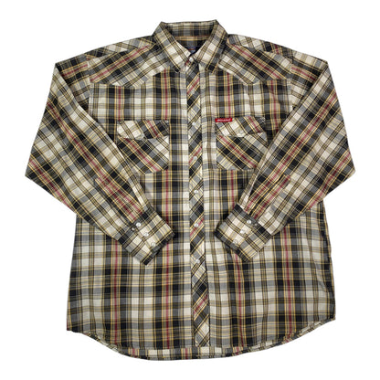 Digg It Thrift & Vintage Dickies western plaid long sleeve shirt with pearl snap buttons in beige, black, and red.